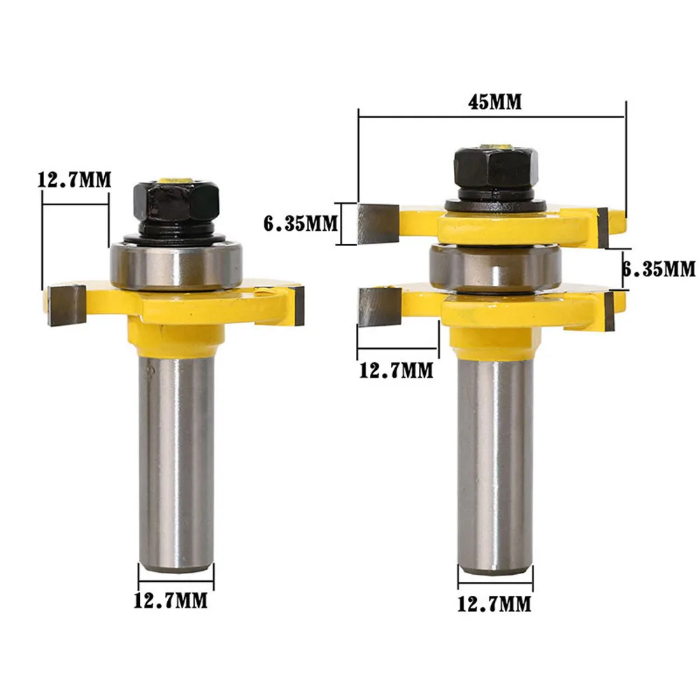 New 2Pcs T Type Router Bit 1/2'' x 1/4'' Shank Tongue Groove Router Bit 3 Teeth T Shape Woodwork Cutter Tool For Wood