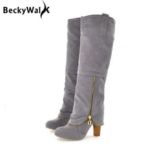 Длинные сапоги на высоком каблуке большие размеры 34–43 флоковые зимние сапоги по колено женская обувь модные ботинки на застежке Femininas WSH994