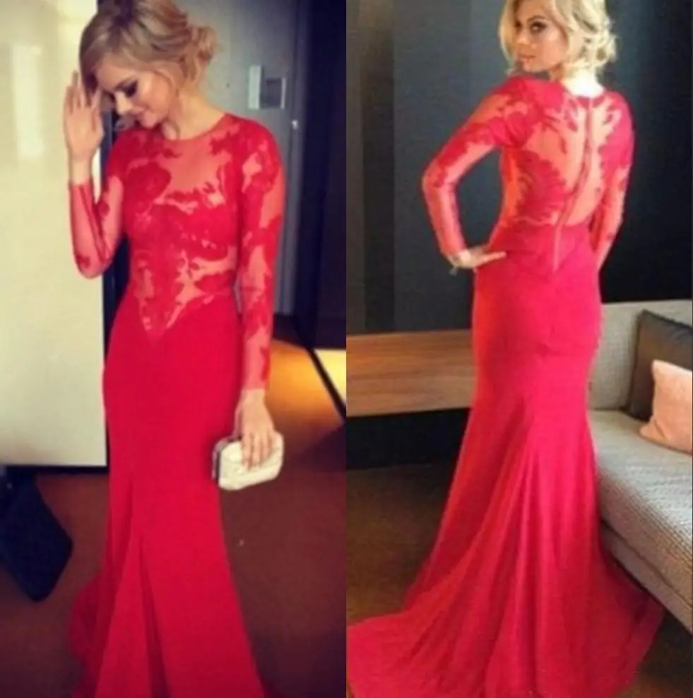2015 long Sleeves Lace mermaid Evening Dresses Party Dress Red Chiffon