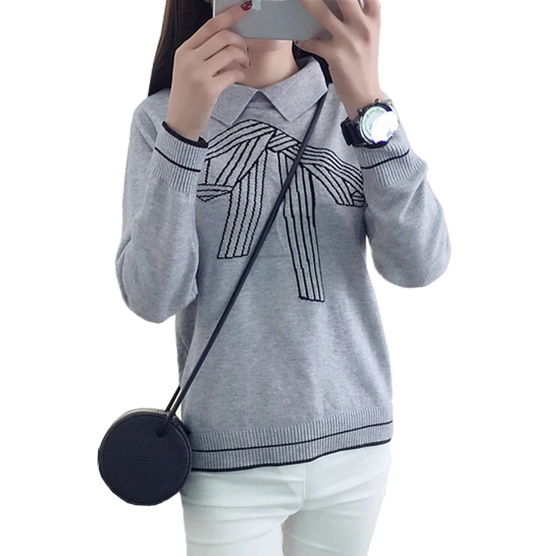 

2016 Doll collar bowknot sweater women knitted Korean pullover short sweaters bottoming shirt jumper clothing vestidos MMY403