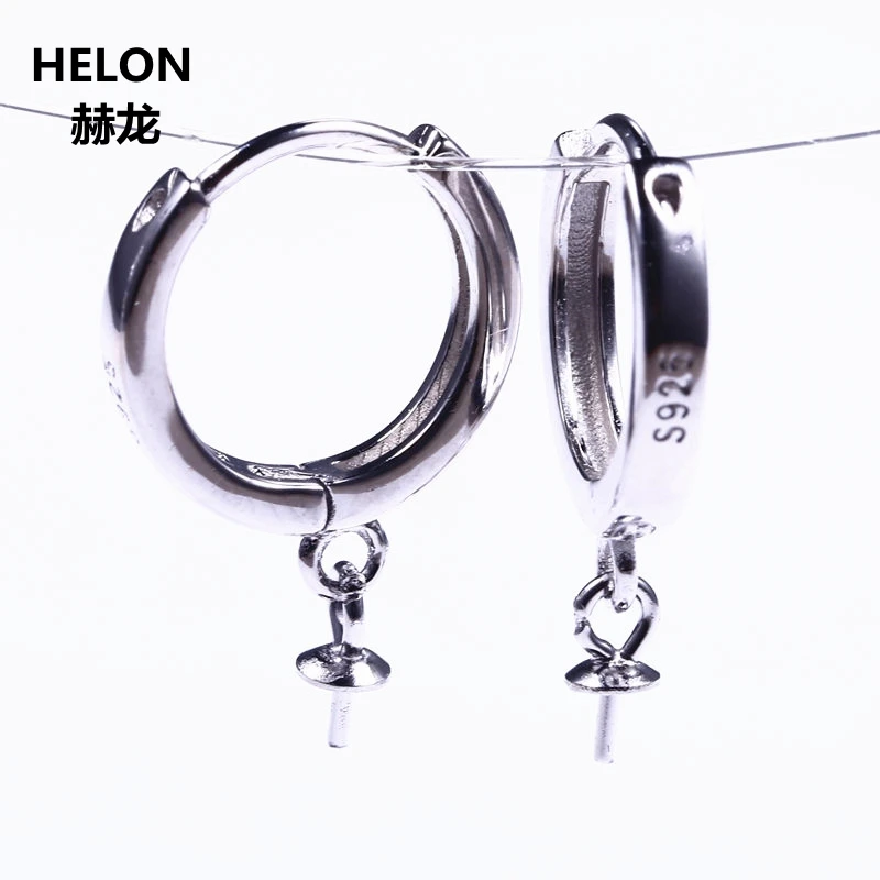 

925 Sterling Silver Women Earrings 6-13mm Pearl or Round Bead Semi Mount Jewelry White Gold Color fit Amber Setting DIY Stone