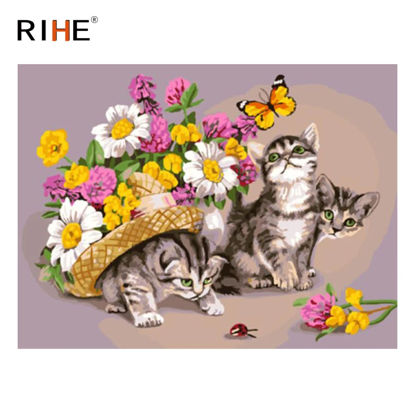 

RIHE Cat FlowerDIY Oil Painting By Numbers Home Decor Canvas Painting On Canvas Modern Wall Art for living room Acrylic Paint