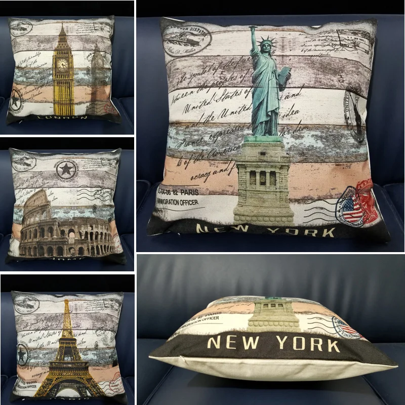 

Retro Solid Color London France NewYork Building Pattern Cotton Linen Plain Cushion Cover For Sofa Car Home Decor Pillow Cover