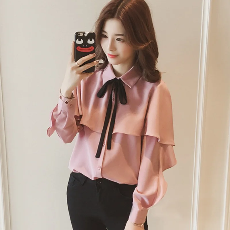 

2019 Korean Female Clothing Autumn Women Lantern Sleeve Bow Tie Blouses Shirts Tops Women Fashion Solid Blouse
