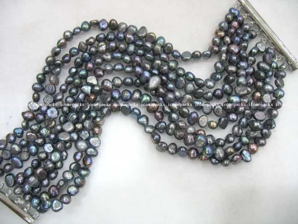 

FREE SHIPPING>> wholesale 8 fancy rows 7.5" black baroque freshwater pearl bracelet