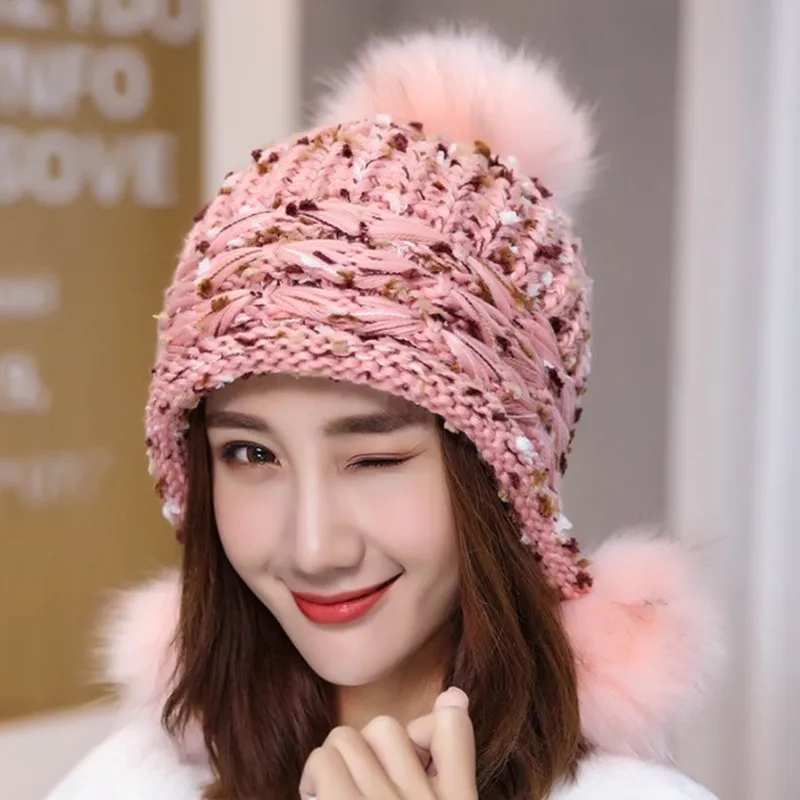 Winter New Colorful Pom Poms Knit Beanies Women's Hat For Women Ladies