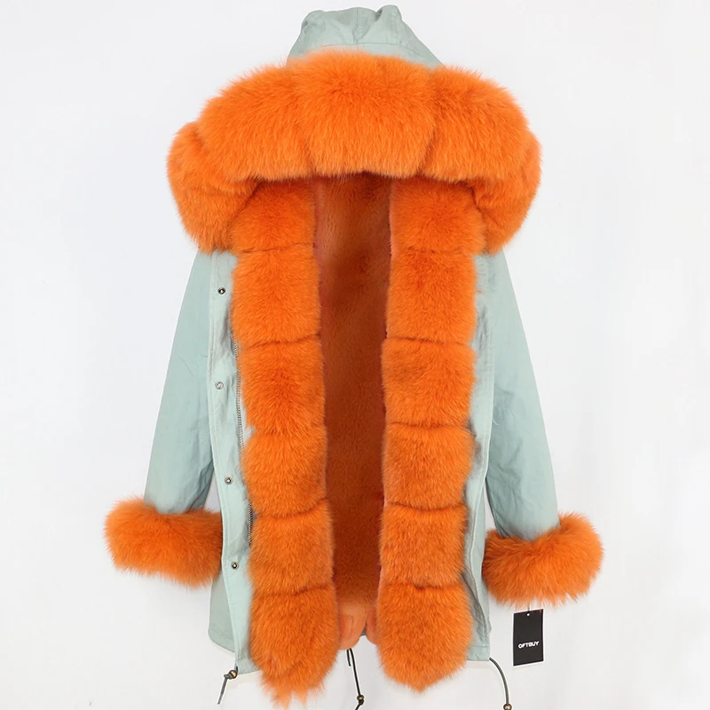 light green orange Натуральный мех пальто бренд Длинные парки зимняя куртка Для женщин натуральные бренд Fox Fur Trim капюшоном верхняя одежда в уличном стиле толстый теплый съемный - Цвет: light green orange