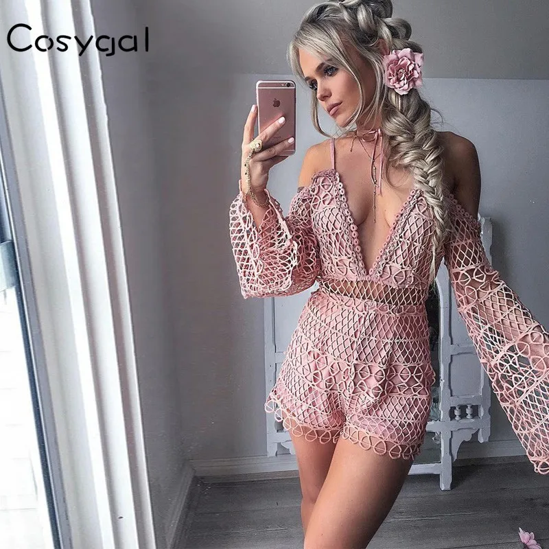 

COSYGAL Sexy Women Rompers Jumpsuit Deep V Neck Hollow Out Off Shoulder Short Playsuit 2018 Long Sleeve Causal Autumn Overalls