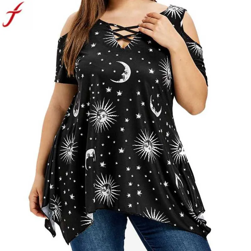 

2019 Women Plus Size 5XL Cold Shoulder Blouse Ladies Summer Front Cross Printing Short Sleeve Tunic Shirt Tops blusas mujer #4
