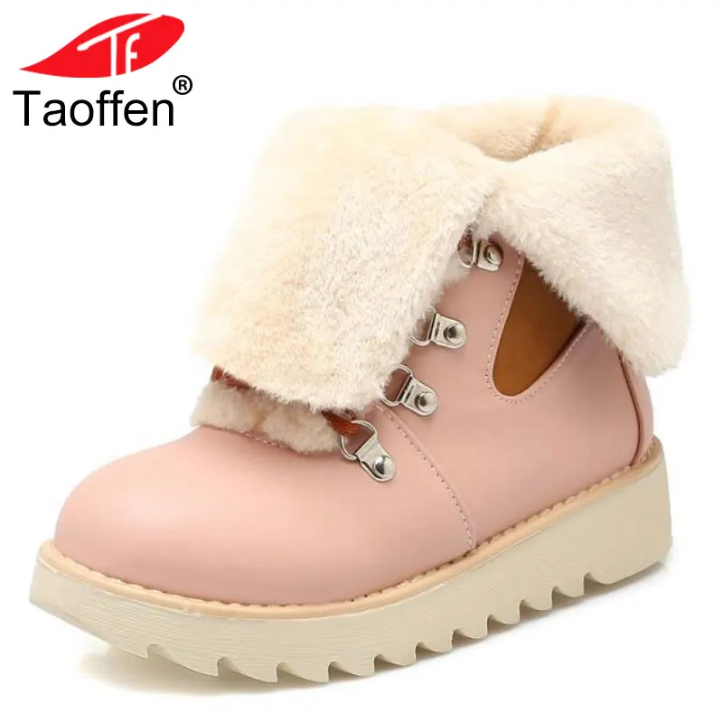 

TAOFFEN Women Round Toe Flat Ankle Boots Woman Lace Up Martin Botas Female Winter Warm Fur Footwear Shoes Woman Size 34-43