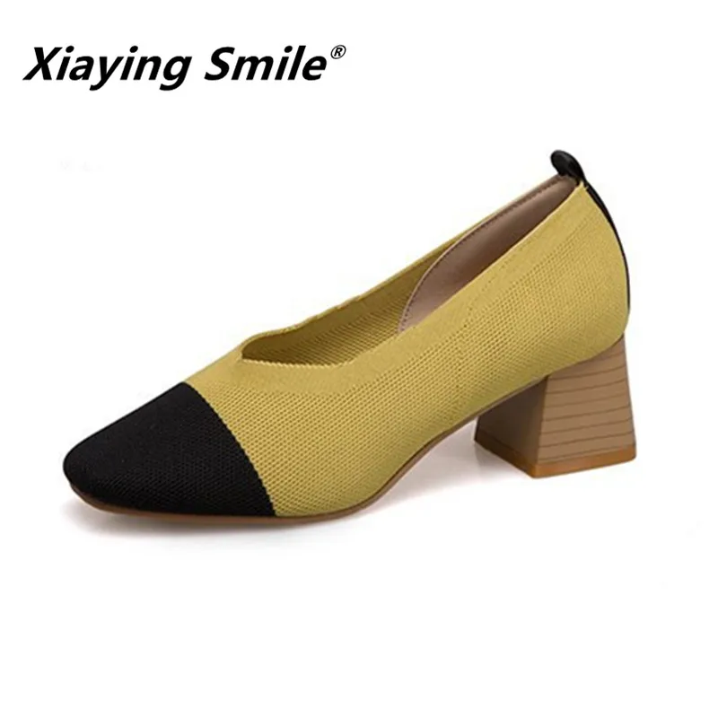 Xiaying/женские туфли-лодочки на каблуке; модная разноцветная повседневная обувь; женские лаконичные дышащие туфли-лодочки; женские туфли без застежки с закрытым носком