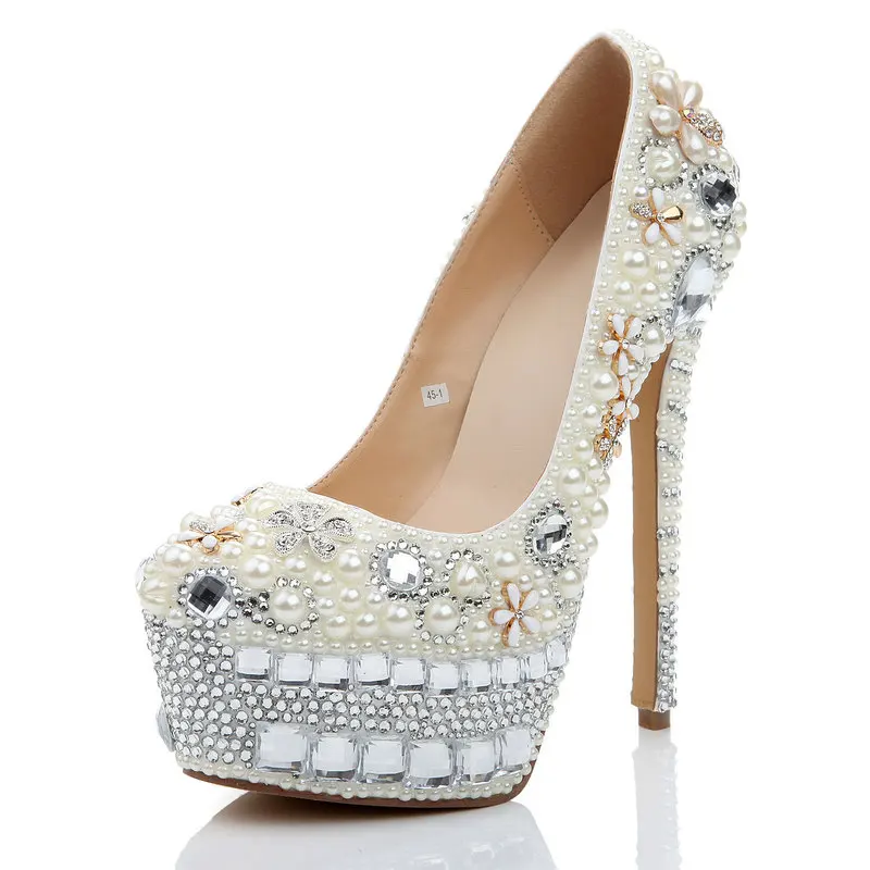

Women Pumps Sexy High Heels Shoes Flower Rhinestone Waterproof platform pearl 16CM Thin Heels Bling Wedding Shoes
