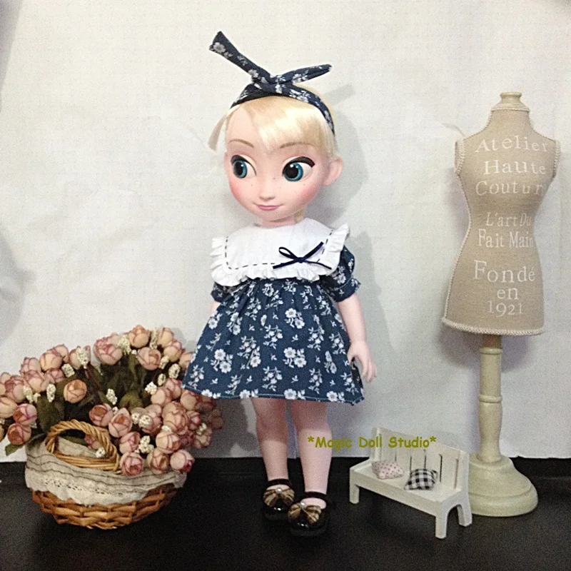 

[RDY070] 2018 Free Shipping 16" Disyne Doll Outfits # Deep Blue with Flower Dress Set for 16 inch girl doll clothes for retail