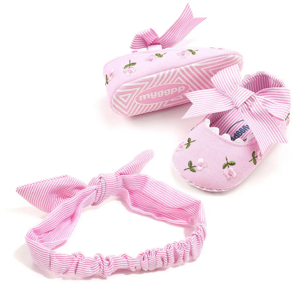 Милая детская обувь для маленьких девочек; нескользящая обувь с бантом и цветочным рисунком; комплект из обуви для новорожденных и повязки на голову