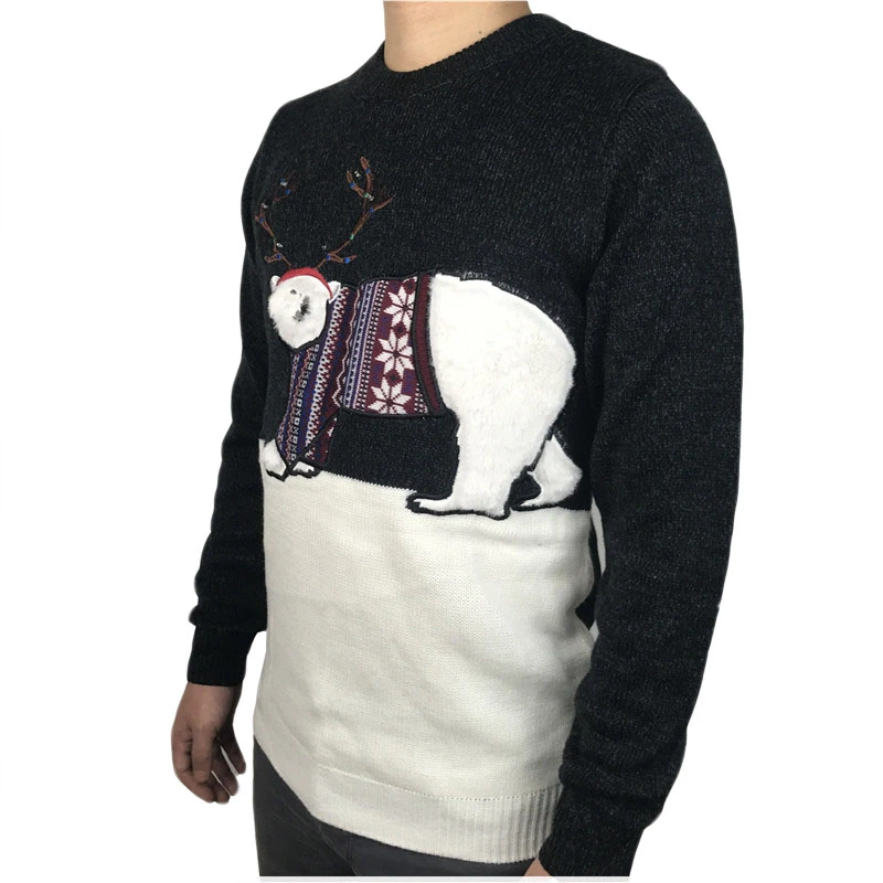 Washable Knitted Light Up Ugly Christmas Sweater for Men Funny Fluffy Polar Bear Knit Ugly Xmas Pullover Jumper Plus Size