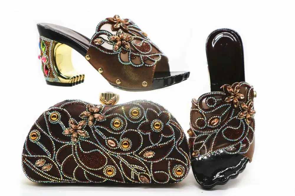 

Elegant african aso ebi wedding party shoes and bag matching set in coffee slippers shoes and clutches with size38-43 SB8405-2