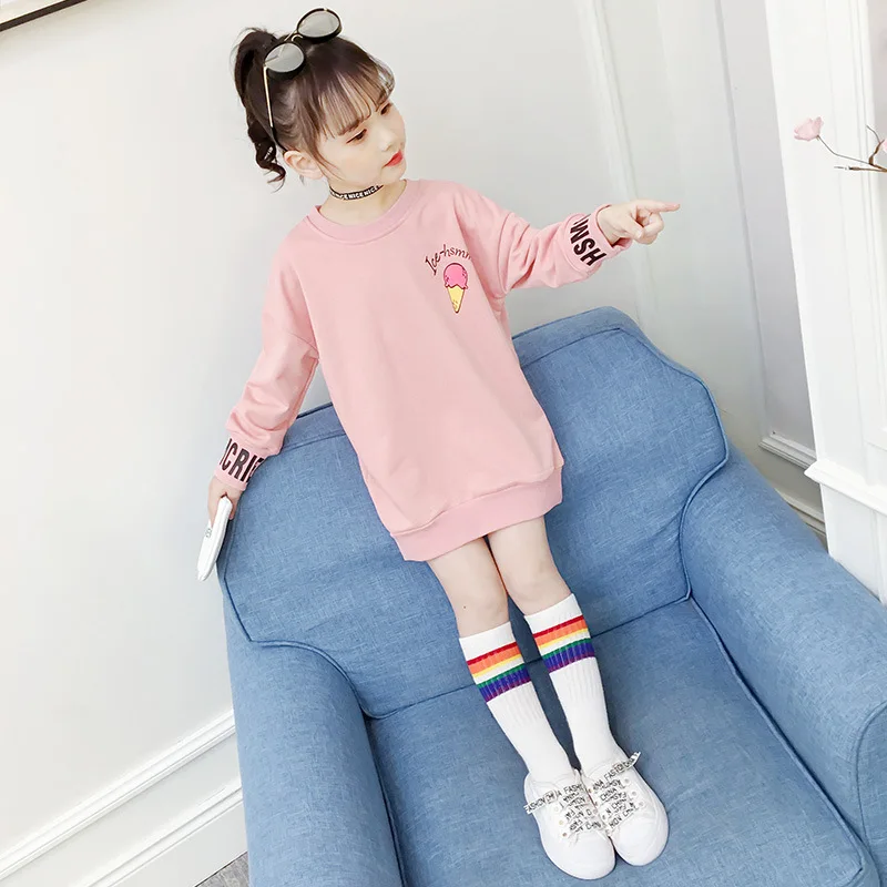 

2019 Spring Girls clohes Long sleeve girls tops Fashion Youth girl lengthen t-shirt Cotton blending White Pink t shirt For 4-12y