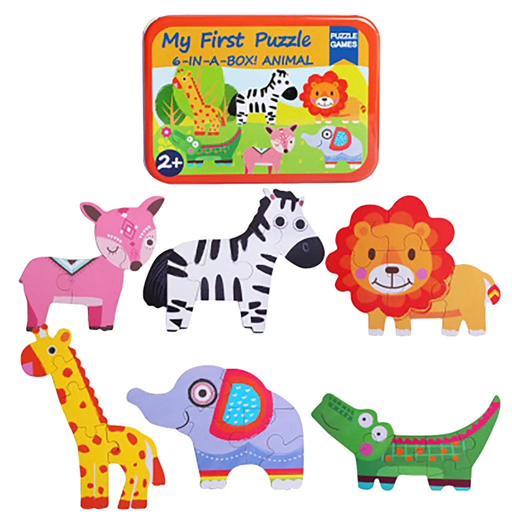 6-in-1 Toddler Fun Cartoon Animals Elephant Lion Jigsaw Early Educational Toy Vehicles Bus Wooden Puzzle Game Box For Kid Gift