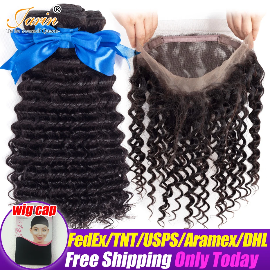 

Jarin Deep Wave Bundles With 360 Lace Frontal Closure Brazilian Hair Weave Can Do Wigs Remy Human Hair Bundles With Closure