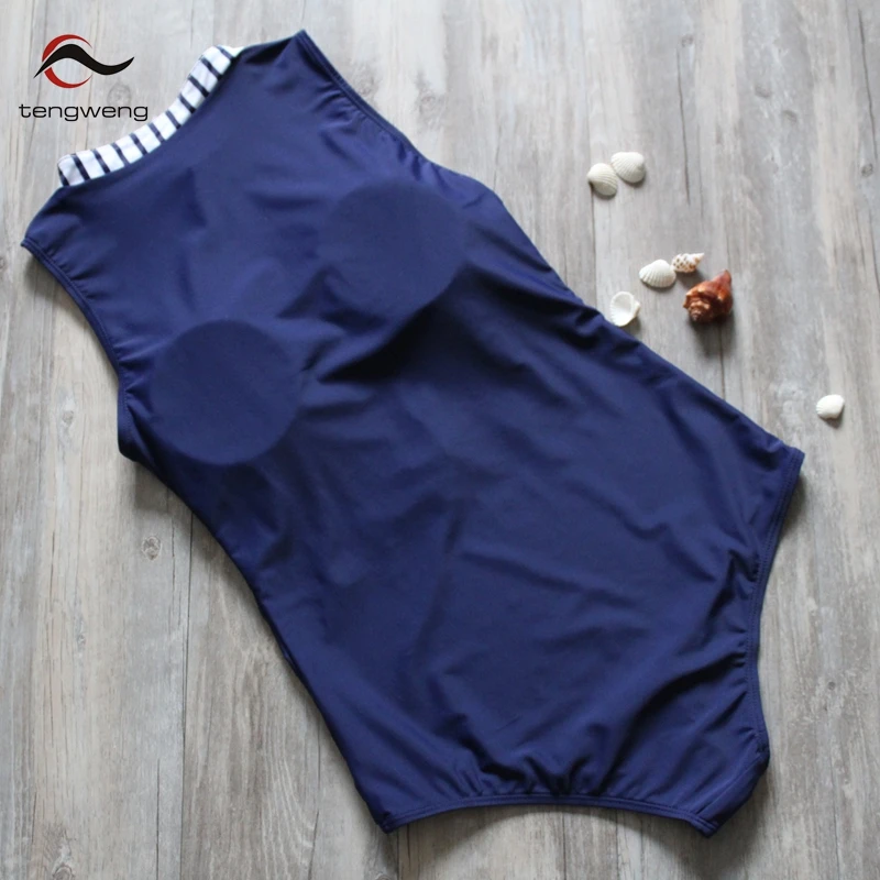 2019 New Sexy Striped Sleeveless Plus size Women One piece Swimsuit Solid Blue Push up Swimwear Surf Large size Bathing suit