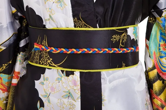 Черные женские японские традиции юката кимоно с Оби Цветок Винтаж Вечернее платье косплэй костюм один размер