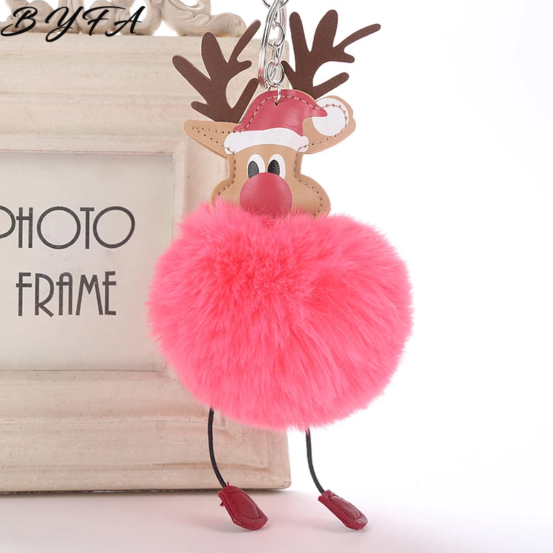 

Car Cute Fluffy Pompom Keychains Reindeer Key Chain Artificial Rabbit Fur Ball Keyrings Women Car Bag Key Ring Holder