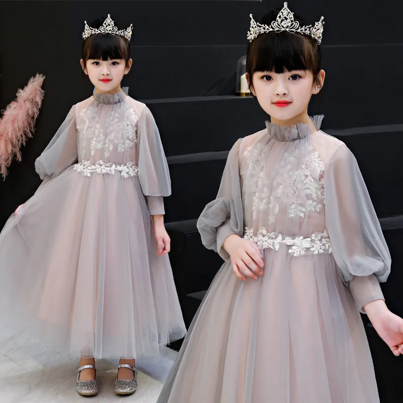 

2018Autumn Winter New Teens Children Embroidery Appliques Flowers Mesh Dress Children Girls Piano Costume Host Mesh Long Dress