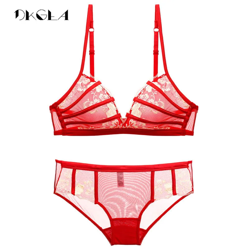  New Comfortable Wire Free Bra and Panties Sets Sexy Red Underwear Set Women Transparent Bras Embroi