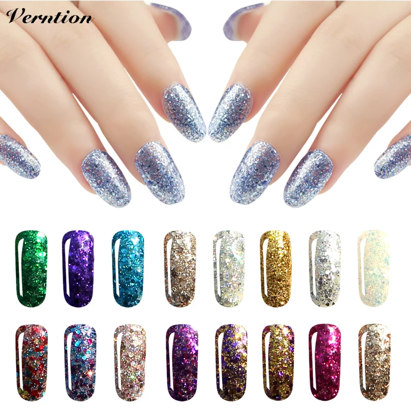 Verntion Soak Off Gel Nail Varnish 12 Fashion Colors Lacquer UV/LED Semi Permanen Diamond Glitter Polish | Красота и здоровье