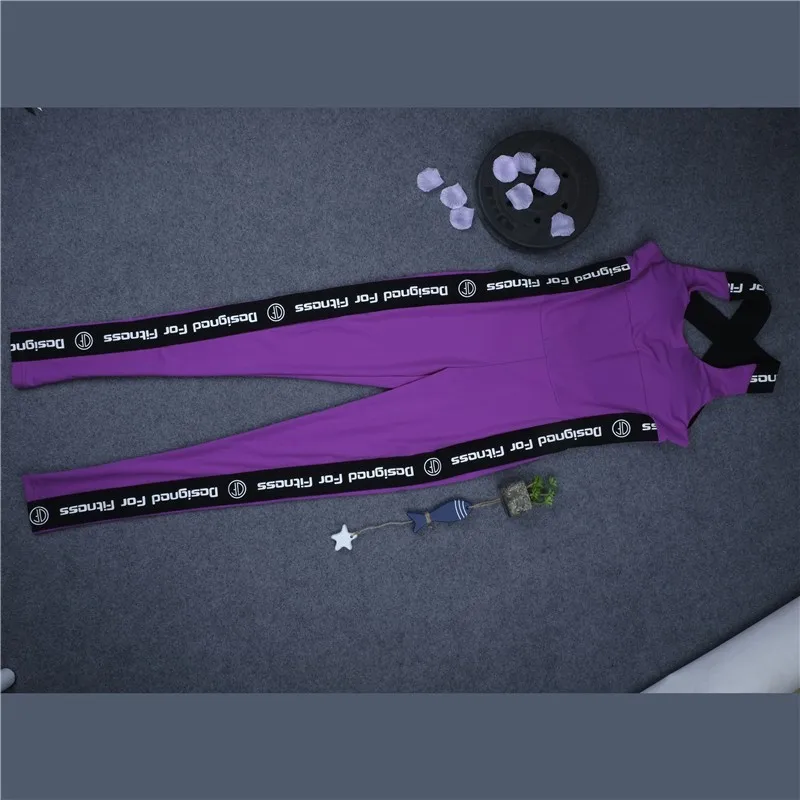 Женский спортивный костюм для тренировок, женская одежда для занятий фитнесом, Спортивная Одежда для танцев, боди с открытой спиной, Фиолетовый комбинезон с надписью HP0008
