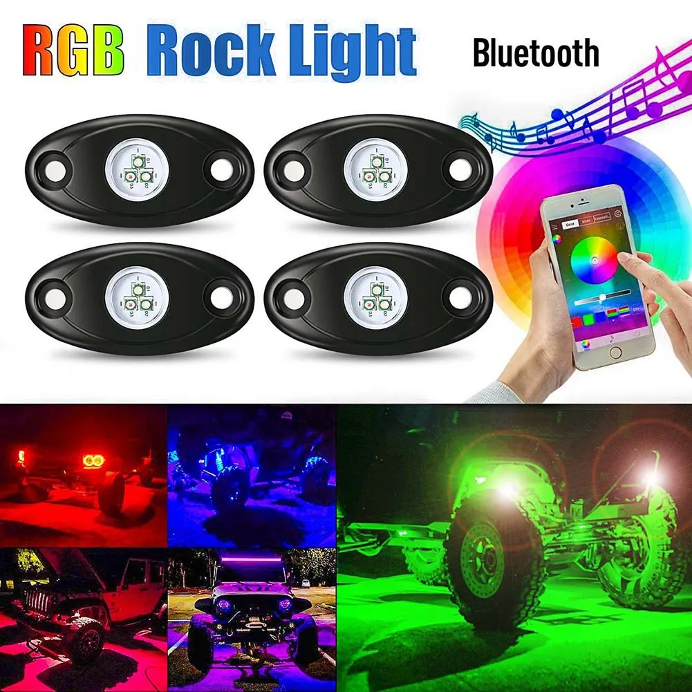 

4Pcs New Car RGB LED Rock Light Kit Waterproof IP68 Trail Rig Neon Lights Mini Bluetooth Control for Car SUV Boat DXY88