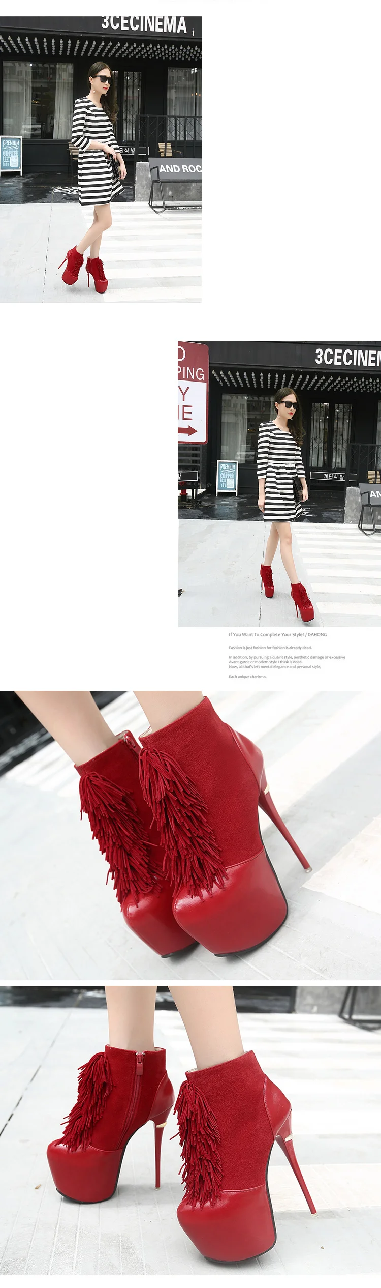 Ботинки на меху; женские туфли-лодочки; женские зимние ботинки в байкерском стиле; пикантные красные Ботинки на каблуке; обувь с бахромой; ботильоны для женщин; высокие ботинки; YMA511