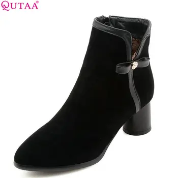 

QUTAA 2019 New Women Ankle Boots Yellow Elegant Fashion Square High Heel Women Winter Shoes Women Motocycle Shoes Size 34-43