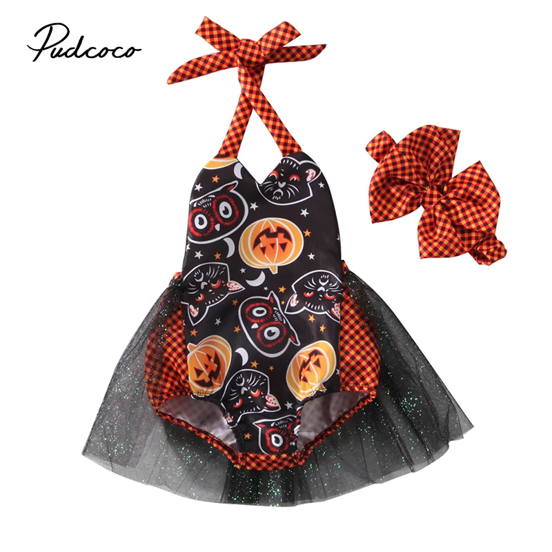 

Pudcoco Newborn Infant Baby Girl Halloween Romper Tulle Dress Pumpkin Print Backless Jumpsuit One-Piece Handband Summer Clothing
