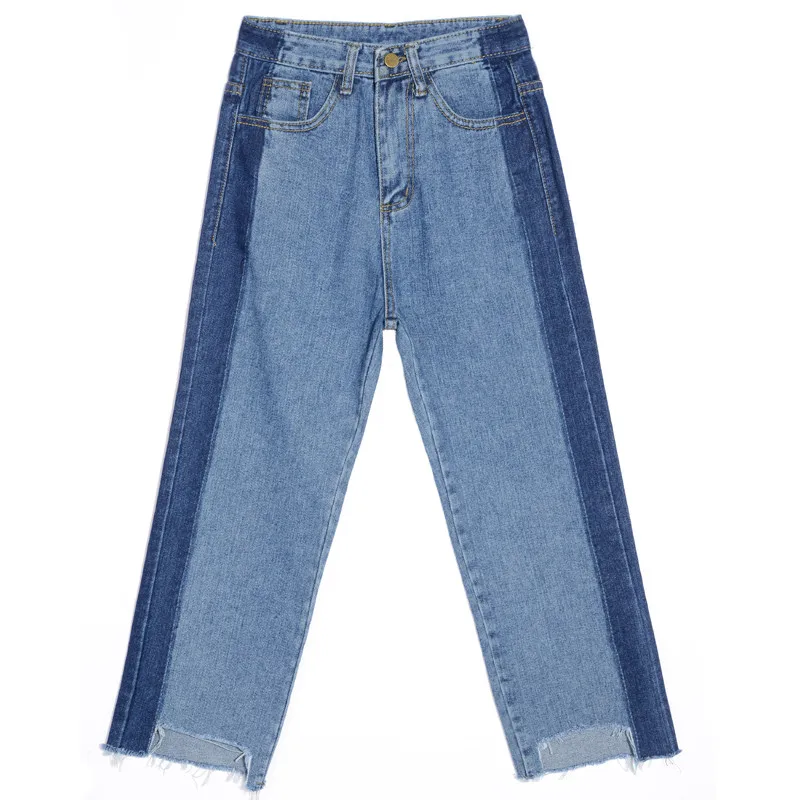 Потертые отделка середины талии джинсы женские синие повседневные джинсовые брюки 2018 осень молния Fly Прямые Джинсы Сращивание плюс размер