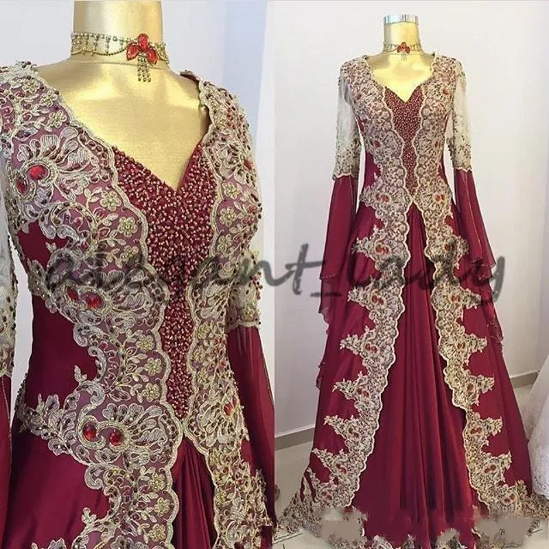

Burgundy Arabic Beaded Evening Dresses With Long Sleeves V Neck A Line Prom Gowns Vestidos Festa Kaftan Appliqued Formal Dress