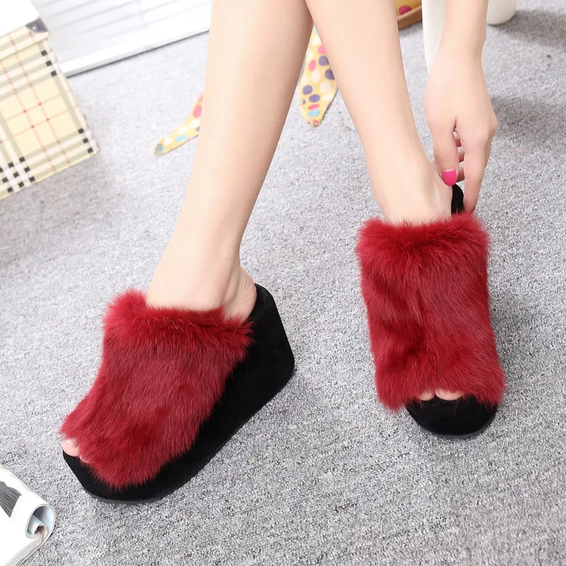 

Platform Ladies fur muffin mules shoes women winter home warm plush wedges slippers open toe furry slip-on slides flip flops2019