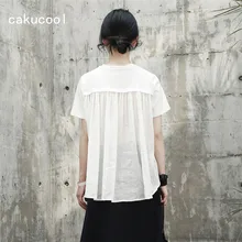 Cakucool новая футболка Для женщин летние топы Короткий рукав корейский минимальной T рубашка складки Половина See-through повседневные футболки Femme белый