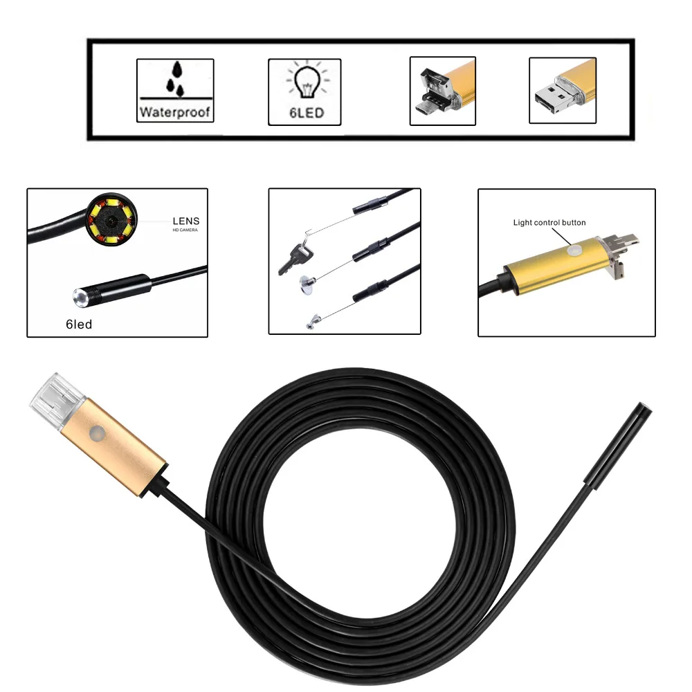 

10M 2 In 1 Dual USB Endoscope Inspection Camera 5.5mm Lens USB Borescope Camera W 6 LEDs For Android PC Tablet Win 7 8 9 10