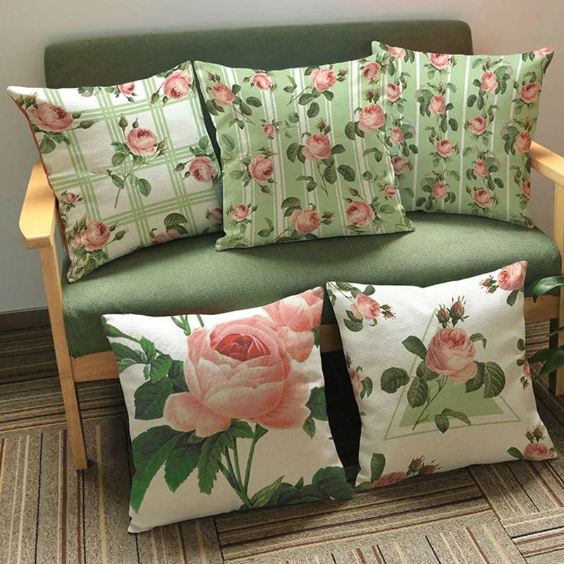 Creative Green Pink Roses Geometric Pattern Pillow Cases Plants Flowers Home Decorate Sofa