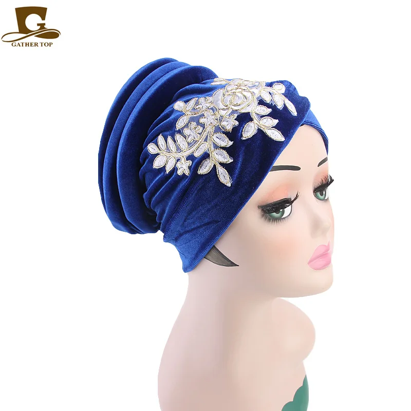

Luxury Women Muslim Stretch Turban Hat Velvet Hair Loss Head Scarf Wrap Printed Warm Women Winter Hats