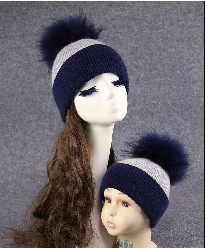2 шт., детские шапки с меховым помпоном для мамы и ребенка, теплые зимние вязаные шерстяные шапки, однотонная шапка, шапки для женщин, мальчиков и девочек