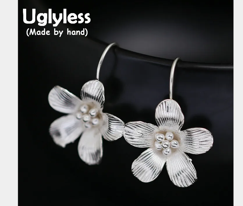 Uglyless Настоящее S 925 пробы серебро ручной щеткой цветок серьги для Для женщин Романтический Этнические Цветочный Brincos Fine Jewelry