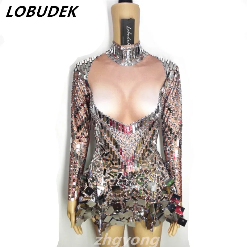 

Silver sparkling Sequins rhinestones dress sexy female costumes Bright crystals singer dancer nightclub bar show DJ party groom