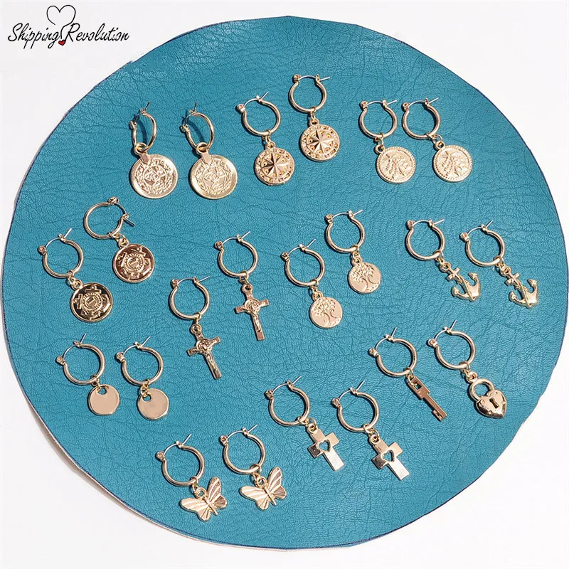

Original Trendy Gold Color Life Tree Heart Butterfly Cross Metal Earrings CHARM Small Hoop Earrings Geometry Circle Earrings