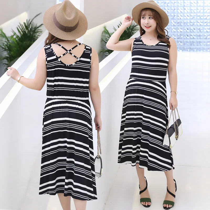 Summer long maxi striped dresses sleeveless knitted tank dress women