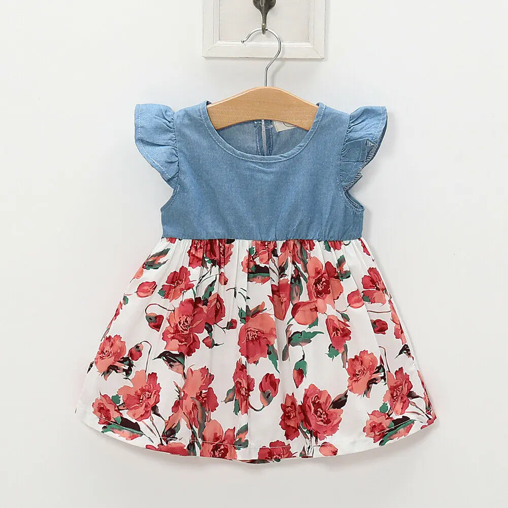 

2019 New Kid Baby Girls Floral Denim Dress Summer Fly Sleeve Knee-Length A-Line Dress Clothes 0-24M