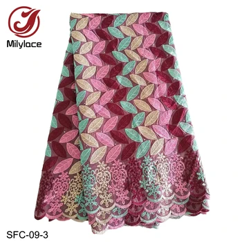 

Milylace 2019 Swiss cotton voile lace fabric 5 yards colorful leaf embroidery voile fabric with stones for lady clothing SFC-09