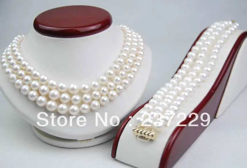 

Wholesale price FREE SHIPPING aGW Natural 8-9MM AAA Triple Strand White pearl Set 14KT(Necklace&Bracelet) (A0513)