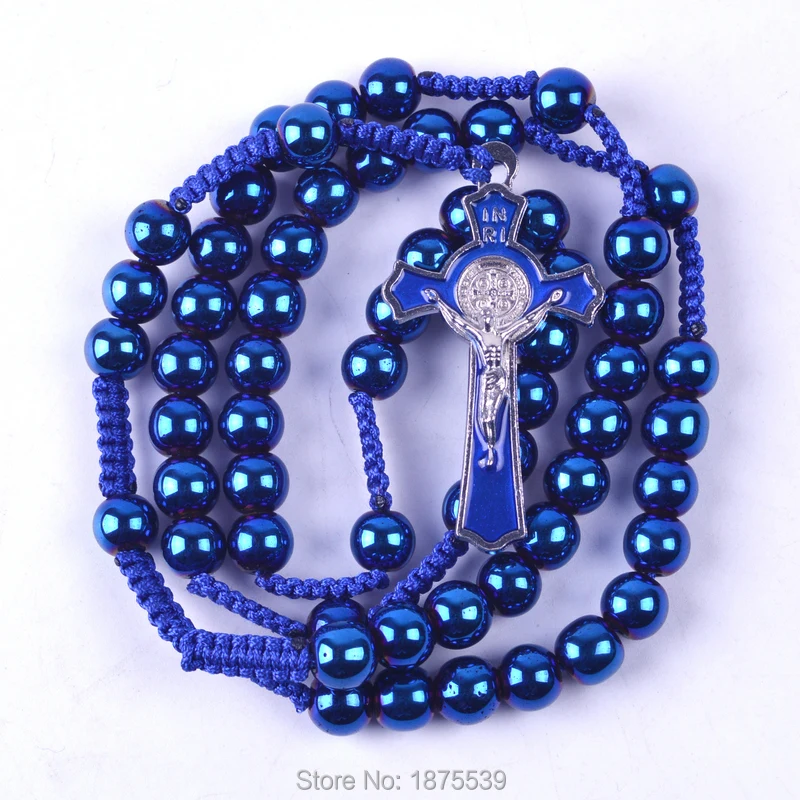 Мужские Плетеные четки из гематита St Benedict Cross черные и синие Бусины|rosary necklace|8